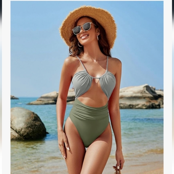 Stylish Olive Green Cutout Swimsuit NWT - Picture 5 of 16